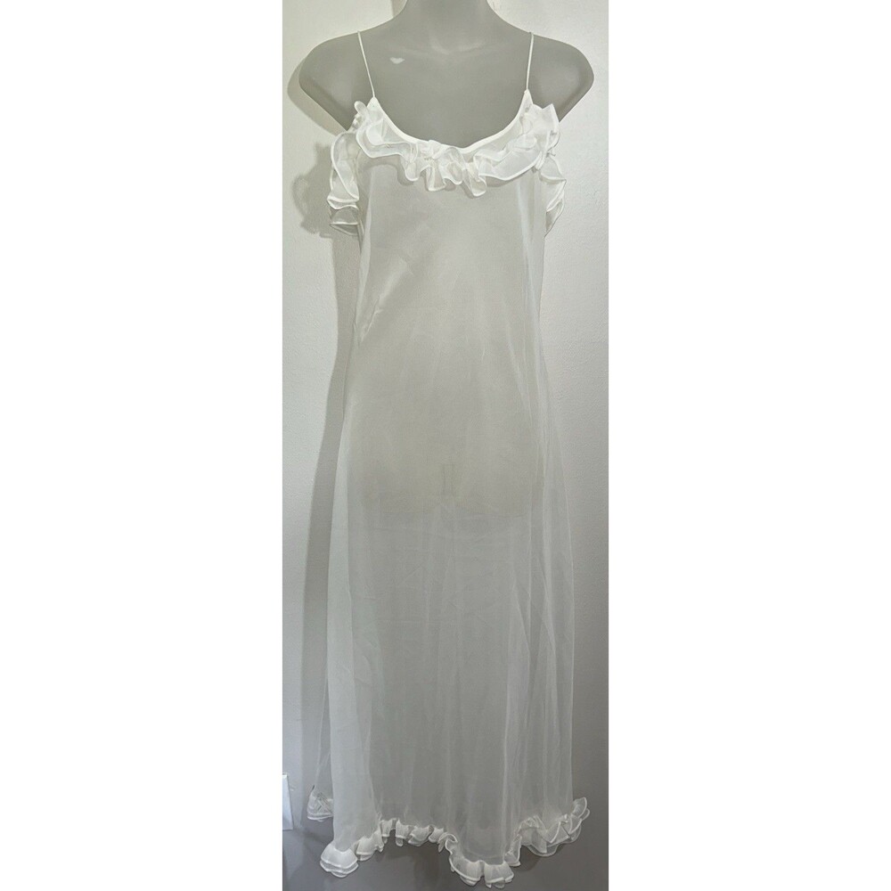 VTG Parisian Sheer White Peignoir Nightgown Bridal Lingerie Ruffle Mesh Maxi S
